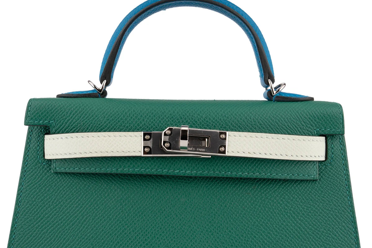 Hermès Mini Kelly Epsom Tri Colour Vert Vertigo / Vert Fizz / Bleu Frida PHW