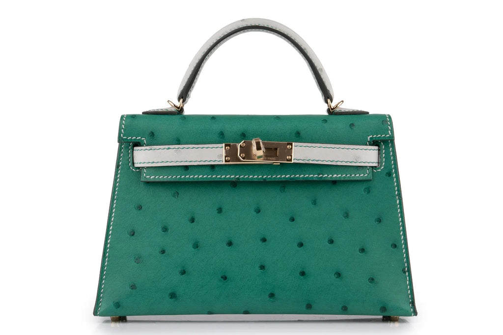 Hermès Mini Kelly Ostrich Vert Vertigo / Gris Perle PBHW