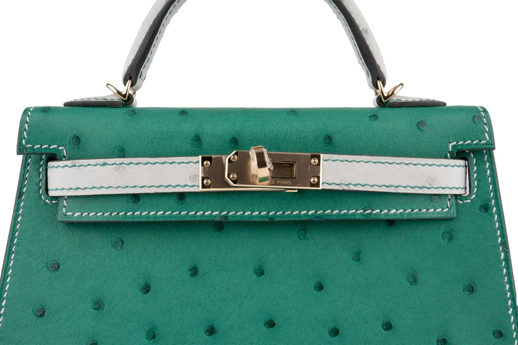 Hermès Mini Kelly Ostrich Vert Vertigo / Gris Perle PBHW