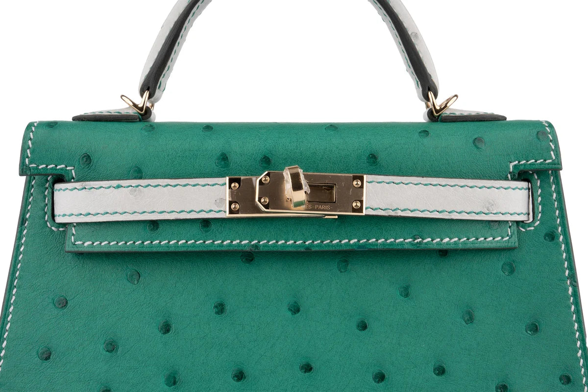 Hermès Mini Kelly Ostrich Vert Vertigo / Gris Perle PBHW