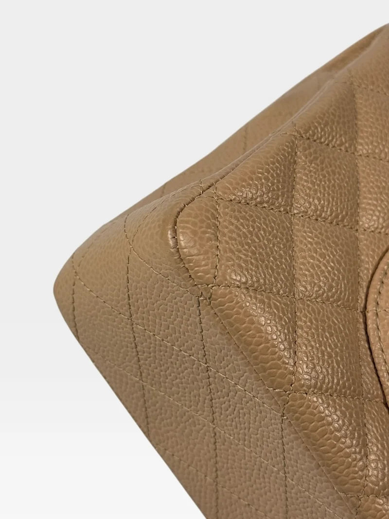 CHANEL MEDIUM CLASSIC FLAP IN BEIGE CAVIAR LEATHER WITH GOLD HARDWARE