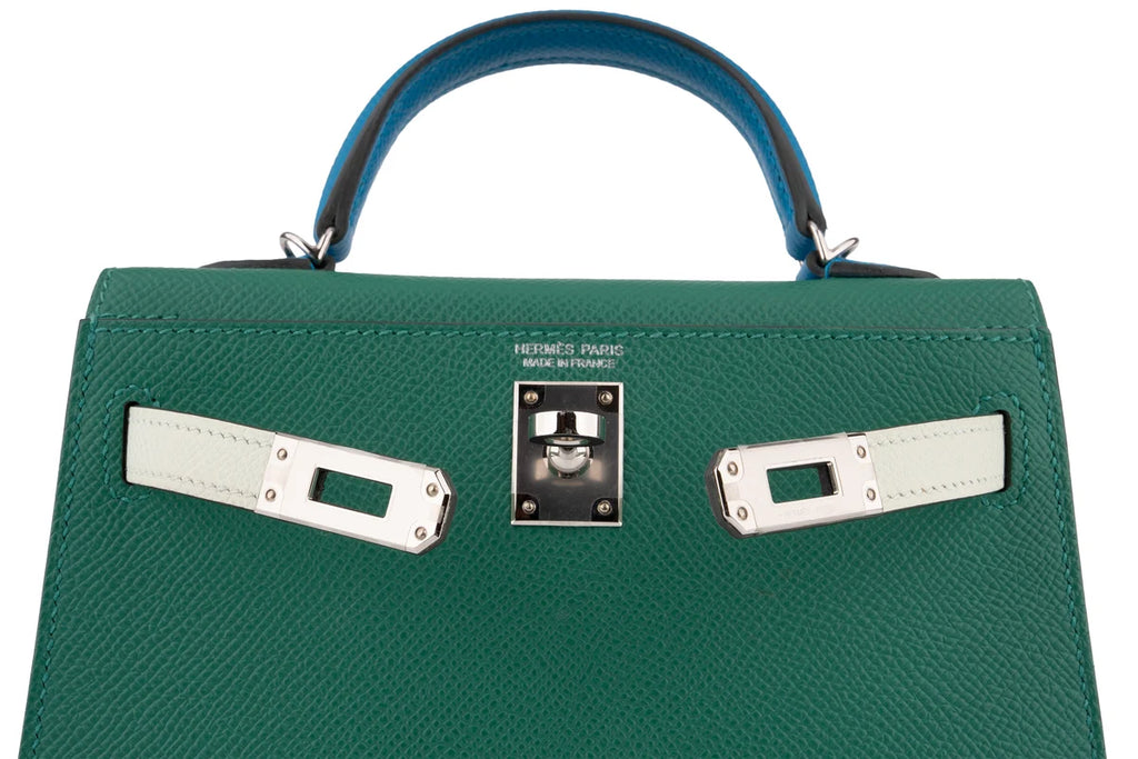 Hermès Mini Kelly Epsom Tri Colour Vert Vertigo / Vert Fizz / Bleu Frida PHW