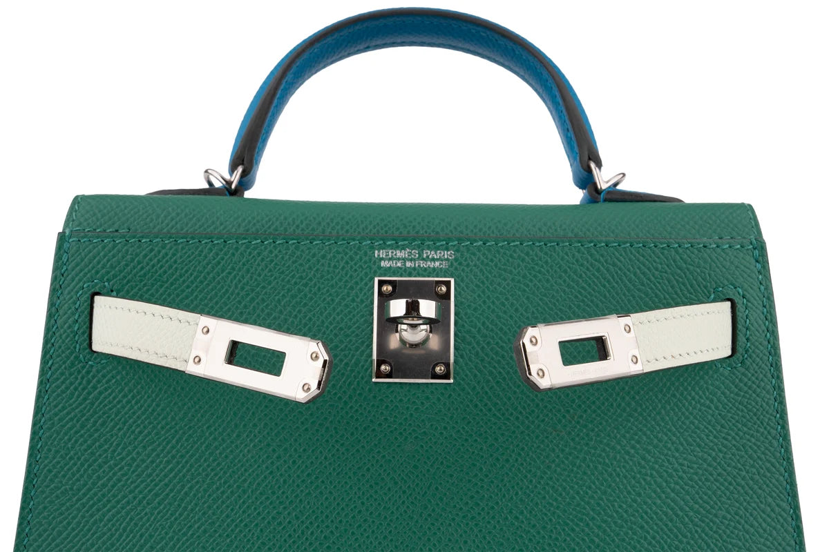 Hermès Mini Kelly Epsom Tri Colour Vert Vertigo / Vert Fizz / Bleu Frida PHW