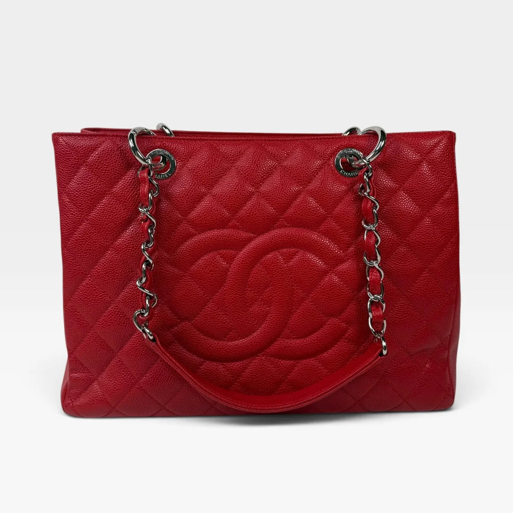 CHANEL GRAND SHOPPER TOTE IN RED CAVIAR LEATHER WITH SILVER HARDWARE