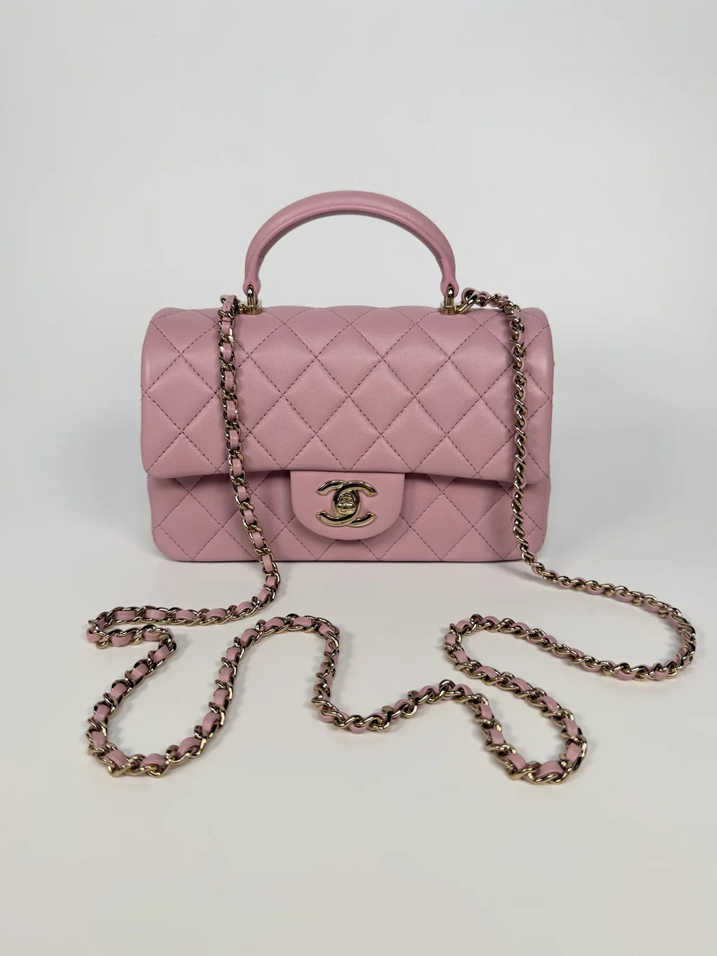 CHANEL MINI RECTANGLE TOP HANDLE IN PINK LAMBSKIN LEATHER WITH PALE GOLD HARDWARE