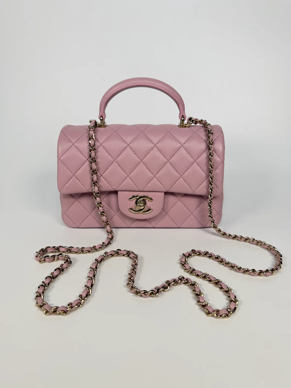 CHANEL MINI RECTANGLE TOP HANDLE IN PINK LAMBSKIN LEATHER WITH PALE GOLD HARDWARE
