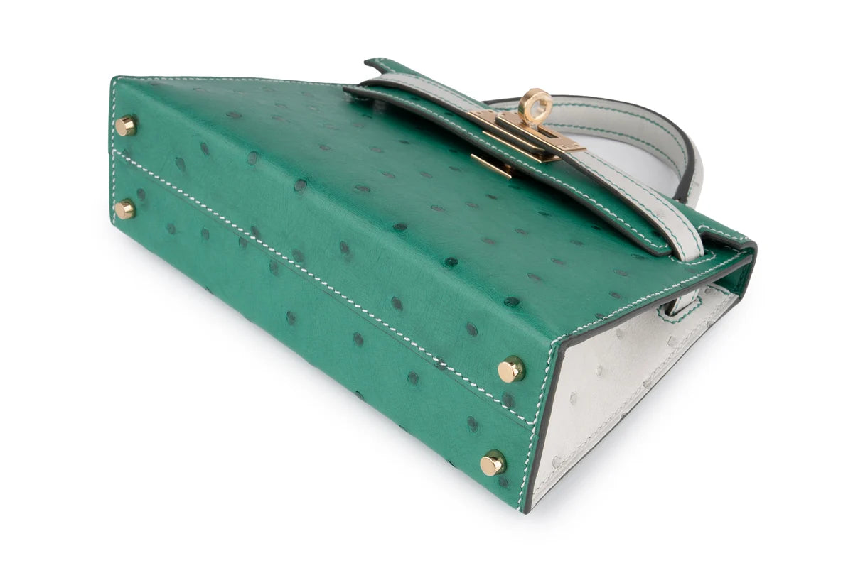 Hermès Mini Kelly Ostrich Vert Vertigo / Gris Perle PBHW