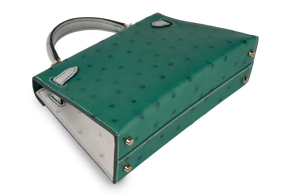 Hermès Mini Kelly Ostrich Vert Vertigo / Gris Perle PBHW