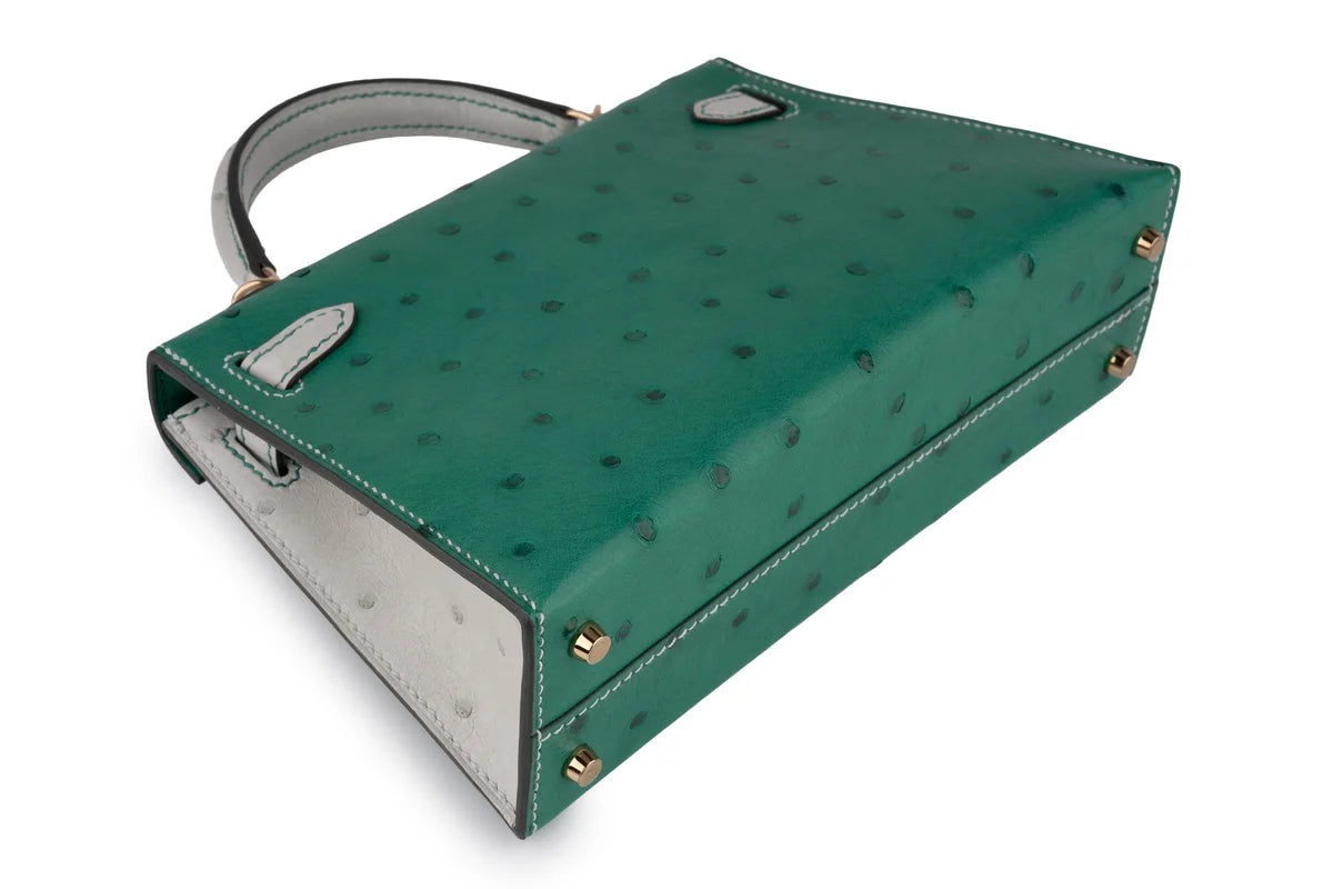 Hermès Mini Kelly Ostrich Vert Vertigo / Gris Perle PBHW