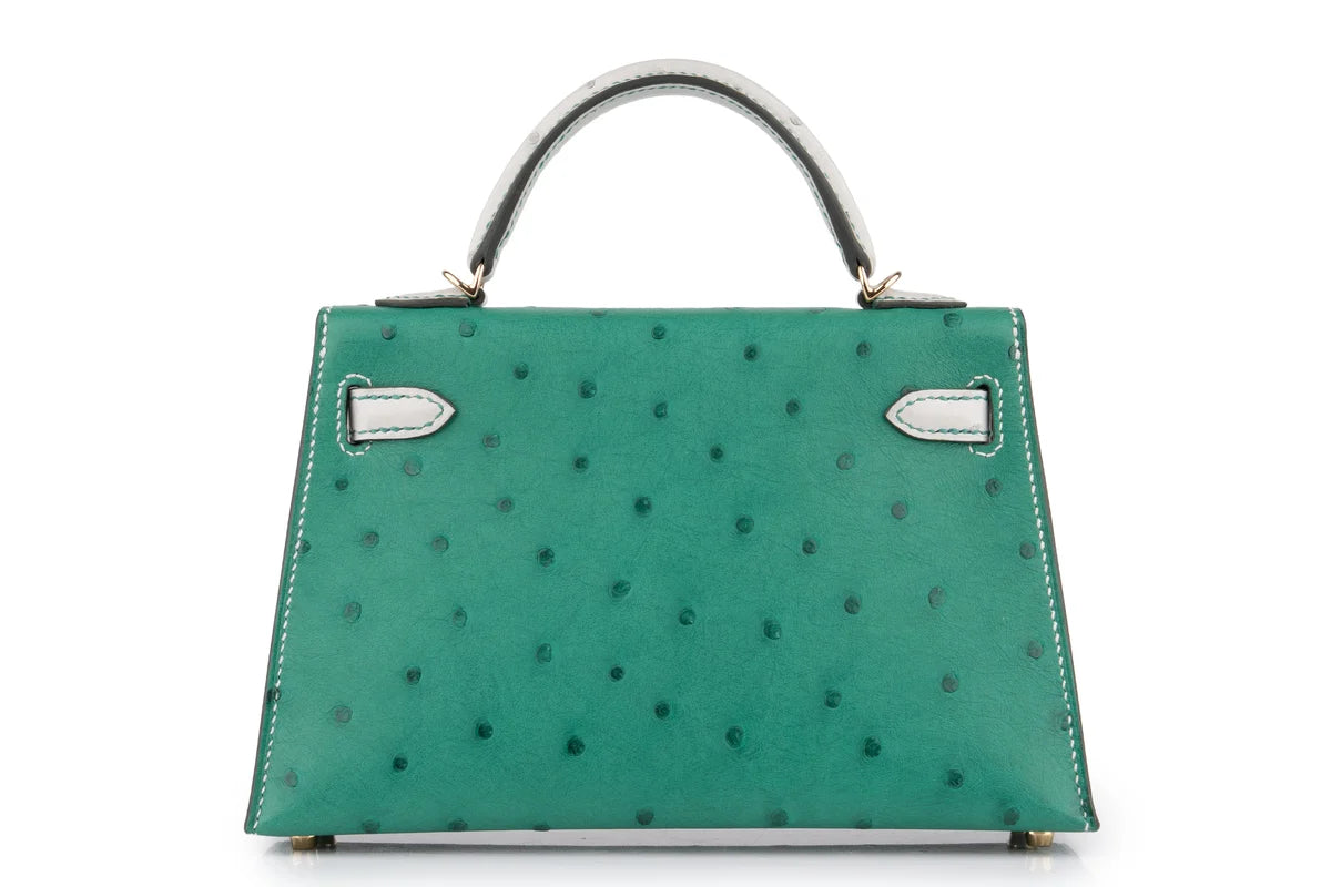 Hermès Mini Kelly Ostrich Vert Vertigo / Gris Perle PBHW