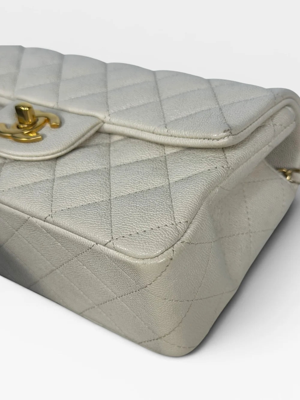 CHANEL MINI RECTANGLE TOP HANDLE IN CREAM CAVIAR LEATHER WITH AGED GOLD HARDWARE