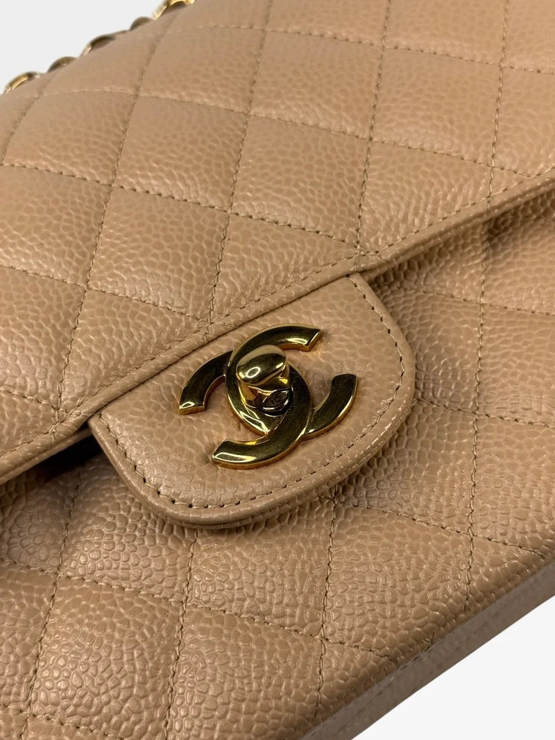 CHANEL MEDIUM CLASSIC FLAP IN BEIGE CAVIAR LEATHER WITH GOLD HARDWARE