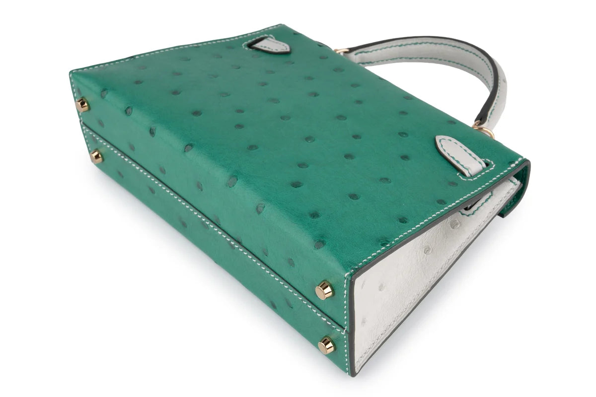 Hermès Mini Kelly Ostrich Vert Vertigo / Gris Perle PBHW