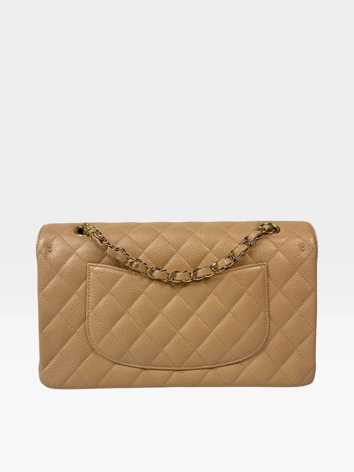 CHANEL MEDIUM CLASSIC FLAP IN BEIGE CAVIAR LEATHER WITH GOLD HARDWARE