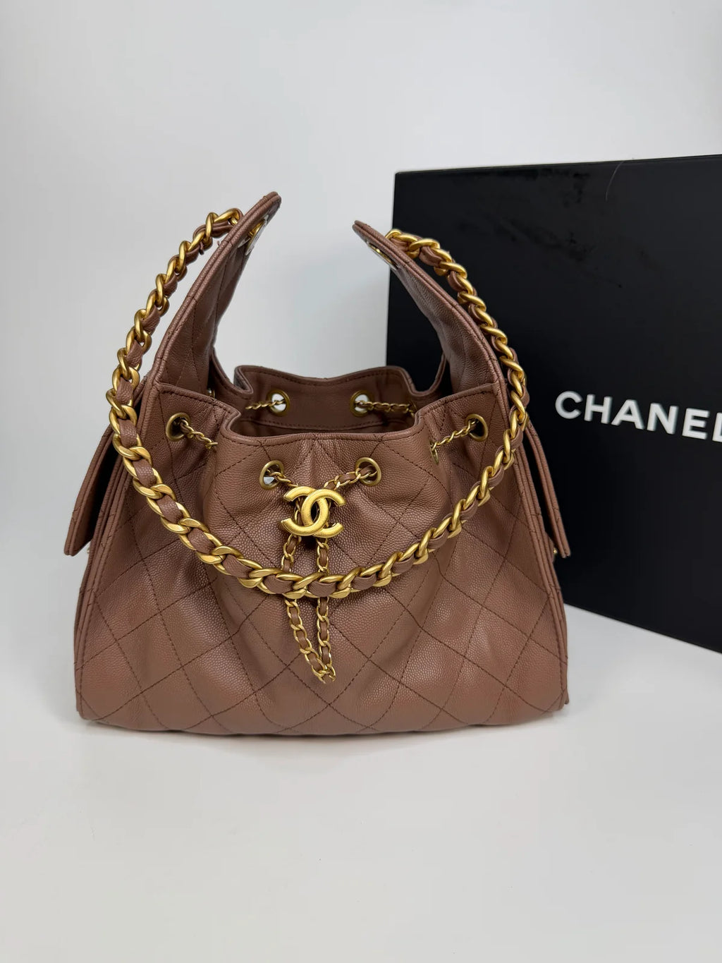 CHANEL 25 SMALL IN BROWN CAVIAR LEATHER WITH GOLD HARDWARE