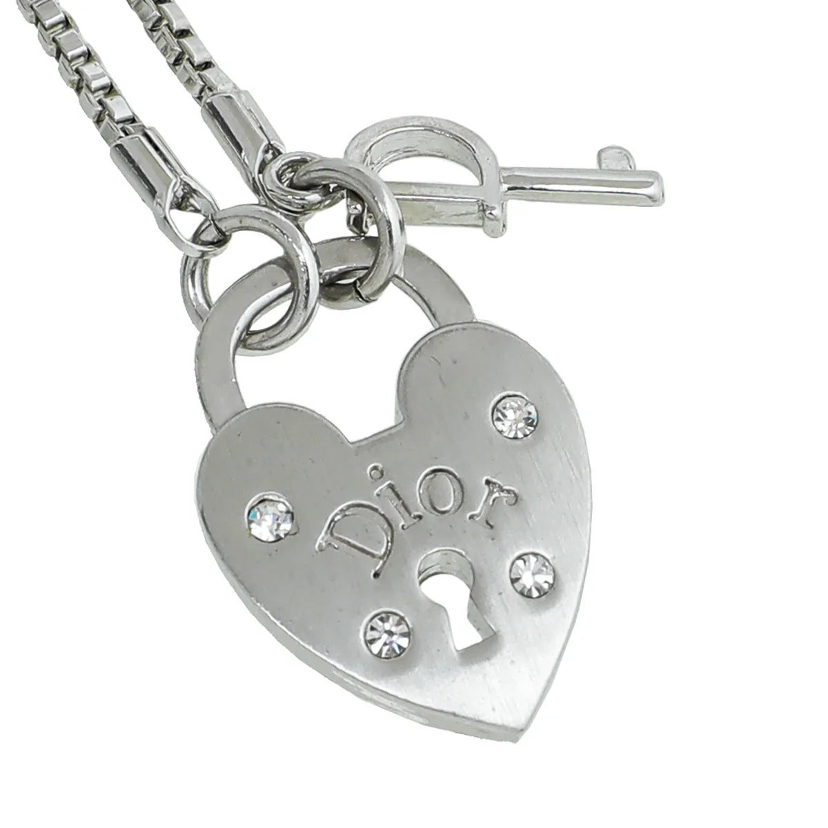 Christian Dior Silver Heart Lock And Key Crystal Necklace