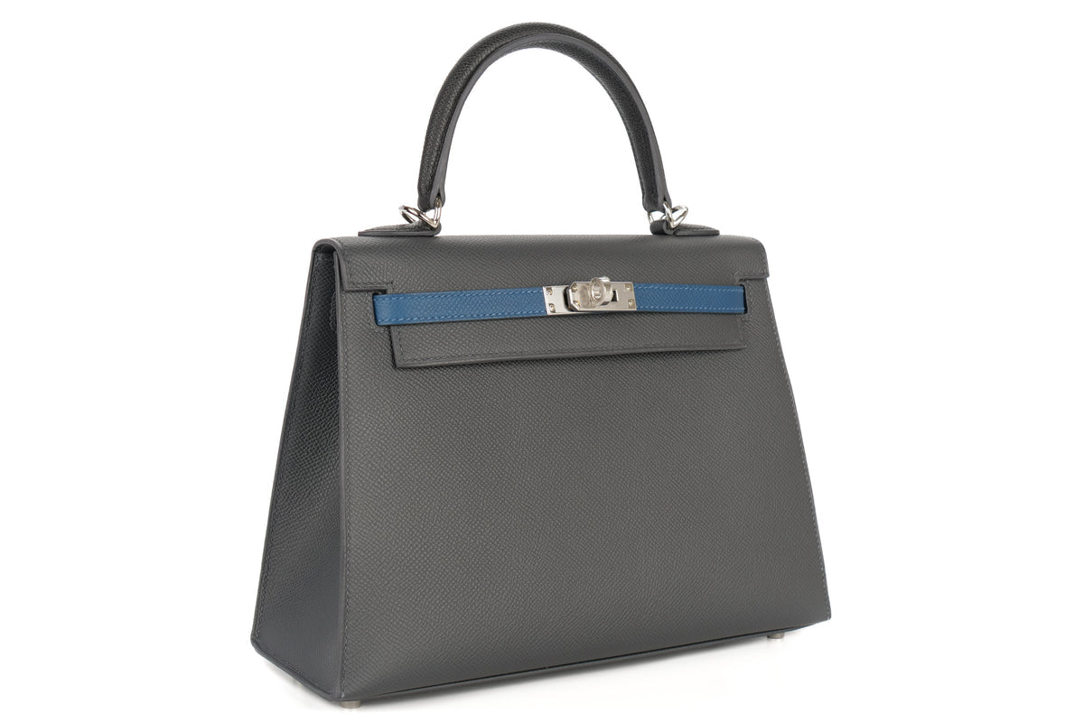 Hermès Kelly 25 Epsom / Tri Colour Ardoise / Black / Deep Blue PHW