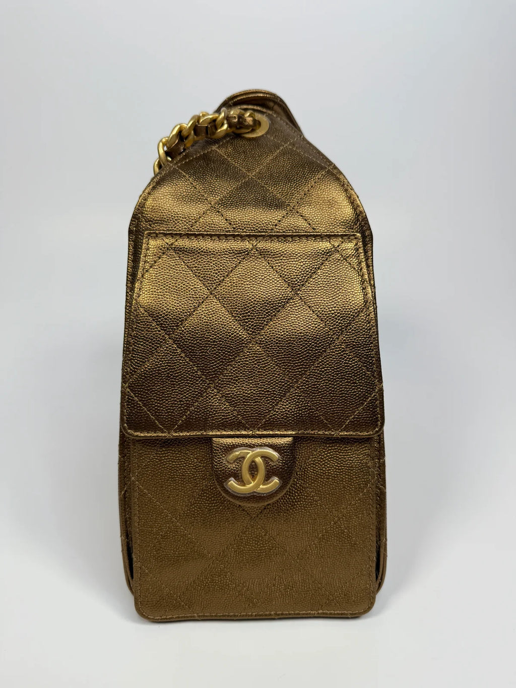 CHANEL 25 SMALL IN METALLIC BRONZE CAVIAR LEATHER WITH GHW