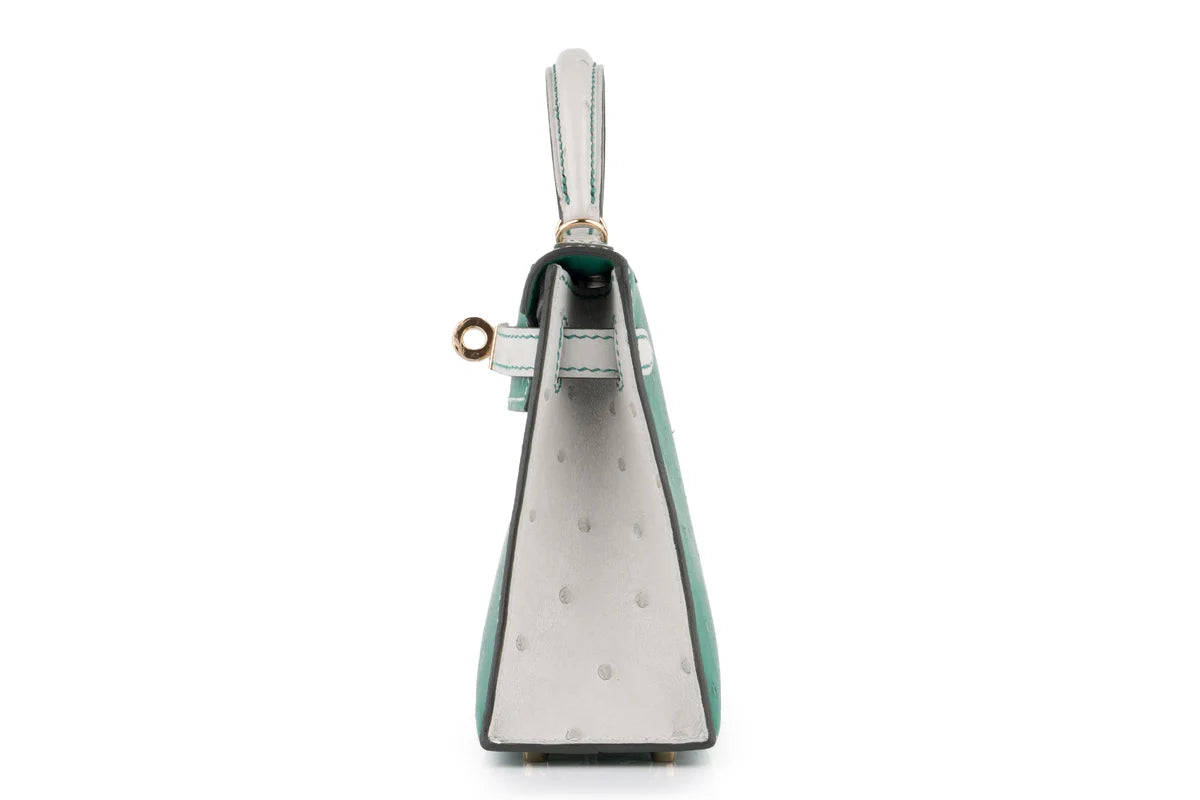 Hermès Mini Kelly Ostrich Vert Vertigo / Gris Perle PBHW
