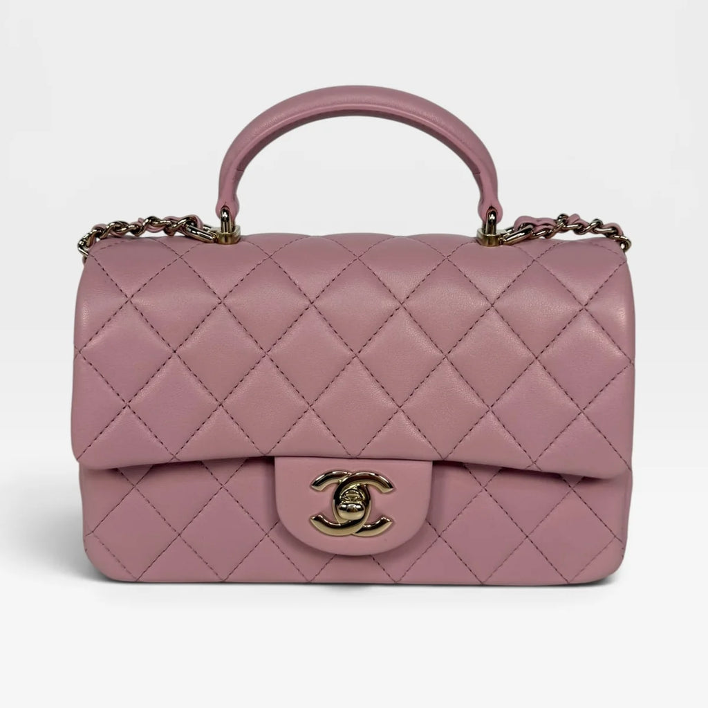 CHANEL MINI RECTANGLE TOP HANDLE IN PINK LAMBSKIN LEATHER WITH PALE GOLD HARDWARE