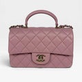 CHANEL MINI RECTANGLE TOP HANDLE IN PINK LAMBSKIN LEATHER WITH PALE GOLD HARDWARE