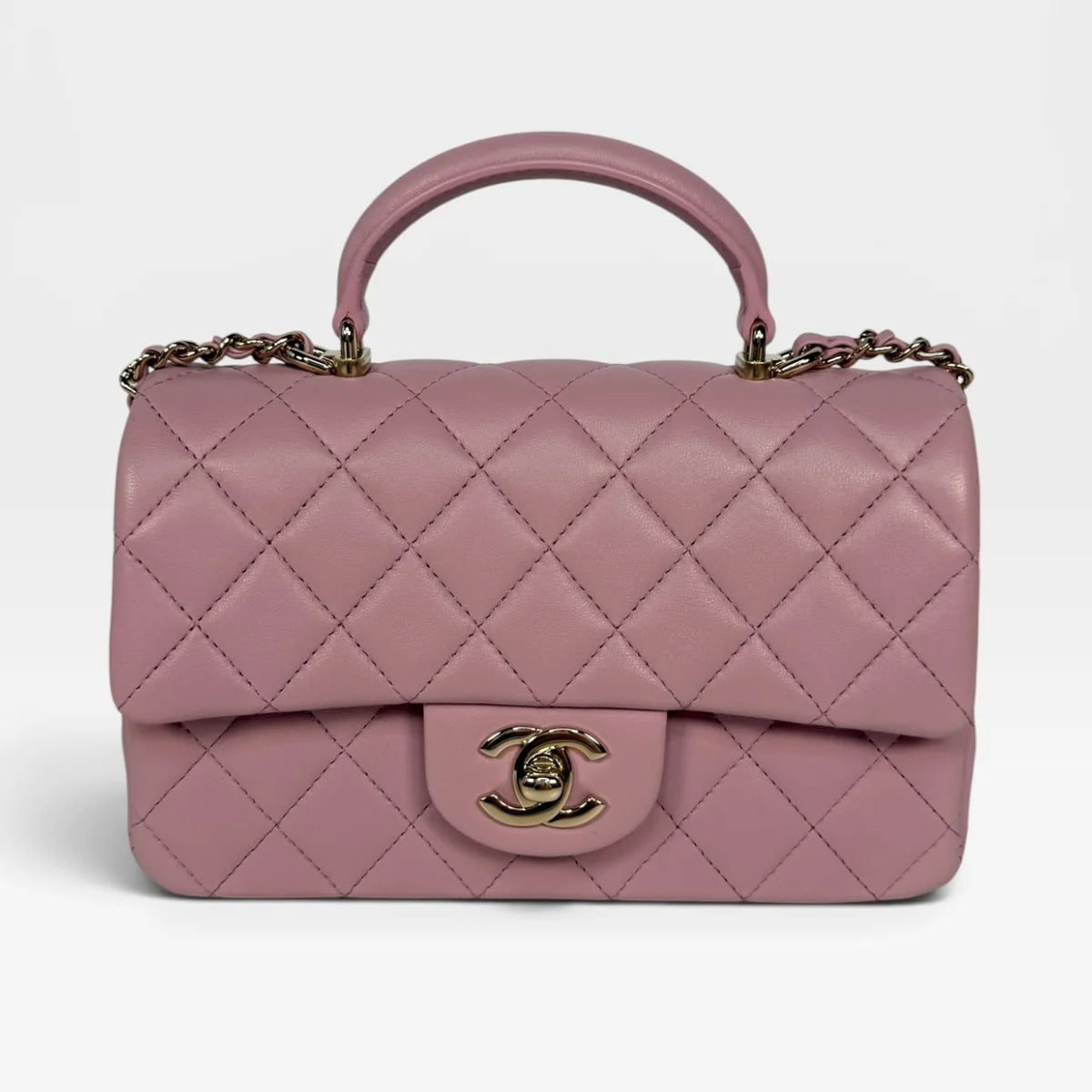 CHANEL MINI RECTANGLE TOP HANDLE IN PINK LAMBSKIN LEATHER WITH PALE GOLD HARDWARE