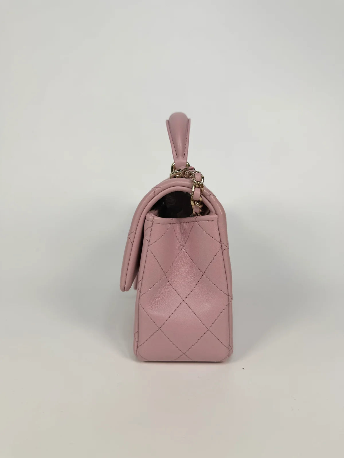 CHANEL MINI RECTANGLE TOP HANDLE IN PINK LAMBSKIN LEATHER WITH PALE GOLD HARDWARE