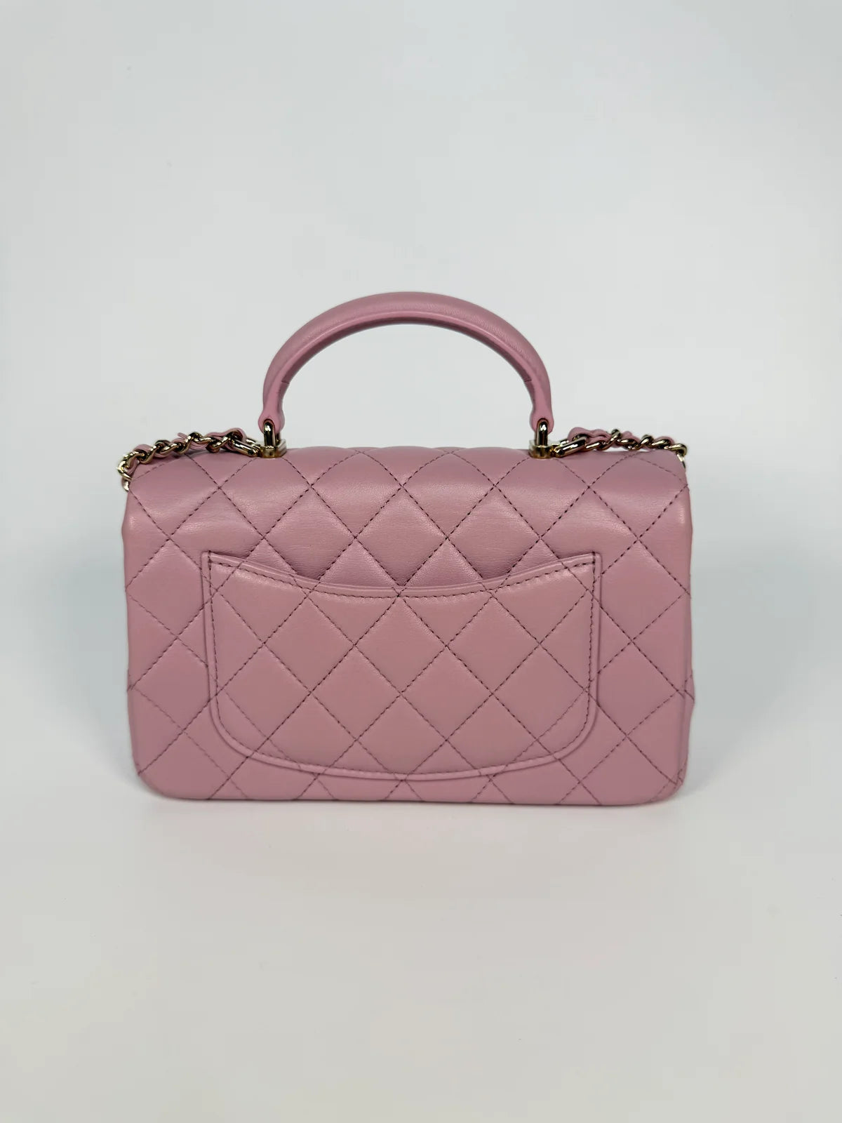 CHANEL MINI RECTANGLE TOP HANDLE IN PINK LAMBSKIN LEATHER WITH PALE GOLD HARDWARE