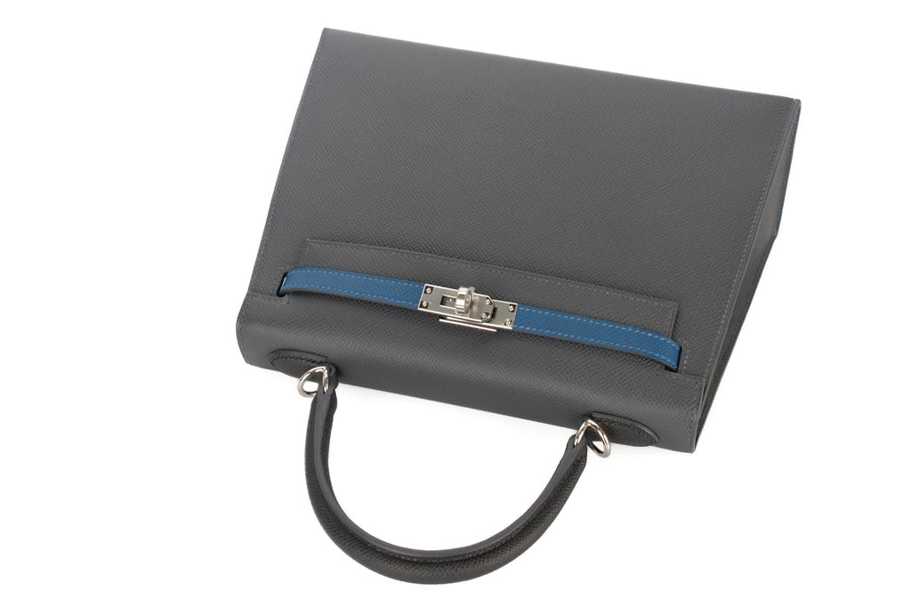 Hermès Kelly 25 Epsom / Tri Colour Ardoise / Black / Deep Blue PHW