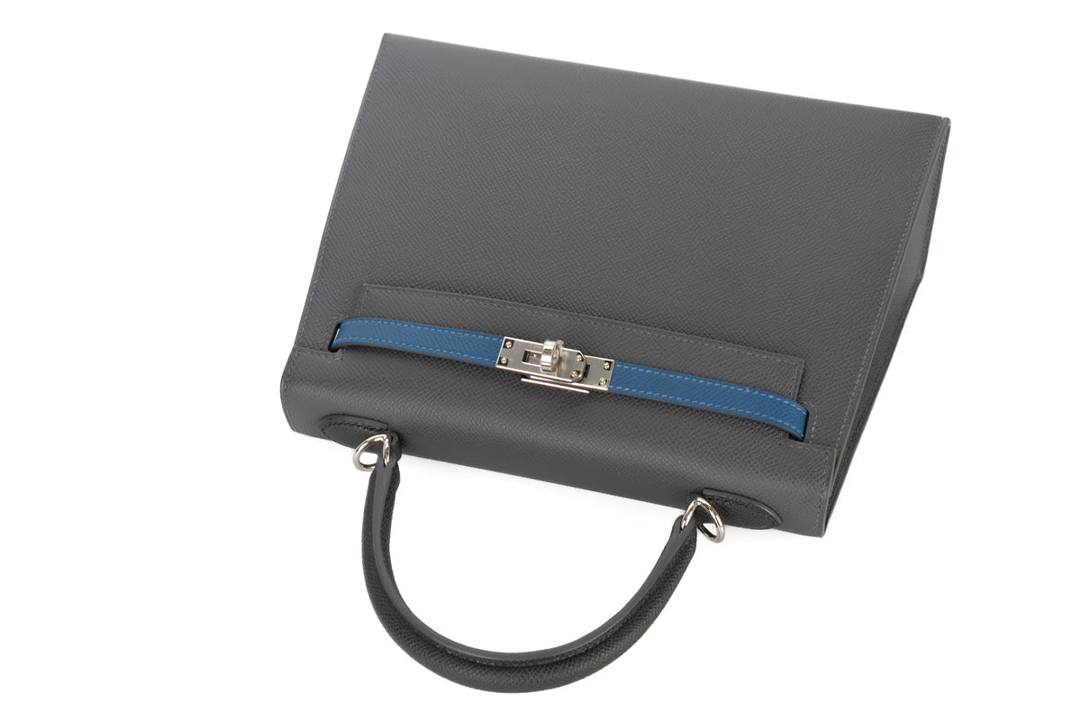 Hermès Kelly 25 Epsom / Tri Colour Ardoise / Black / Deep Blue PHW