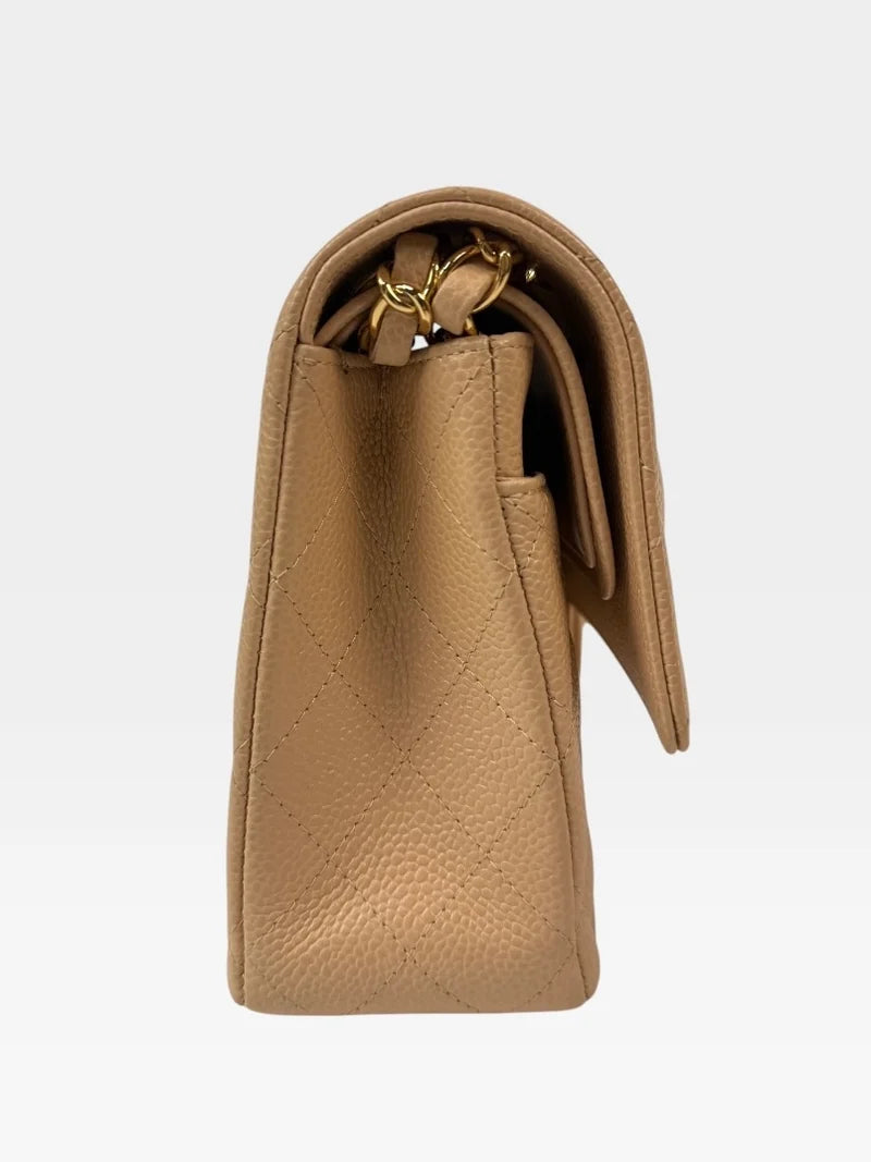 CHANEL MEDIUM CLASSIC FLAP IN BEIGE CAVIAR LEATHER WITH GOLD HARDWARE