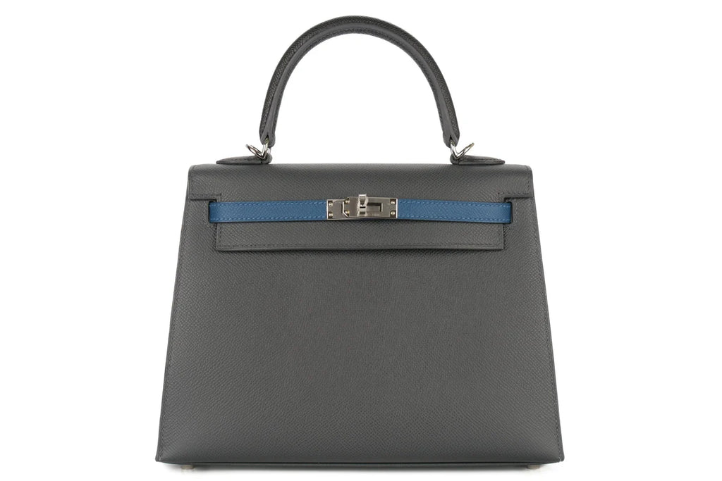 Hermès Kelly 25 Epsom / Tri Colour Ardoise / Black / Deep Blue PHW