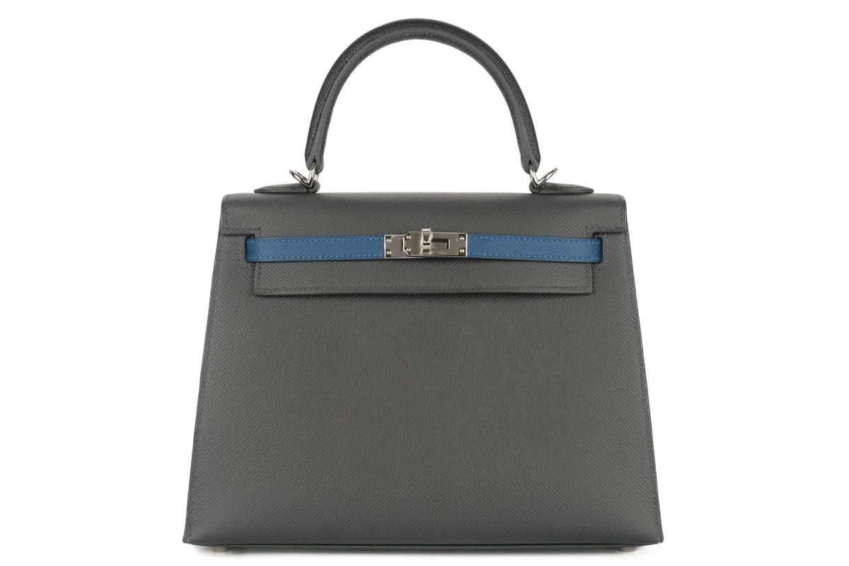 Hermès Kelly 25 Epsom / Tri Colour Ardoise / Black / Deep Blue PHW