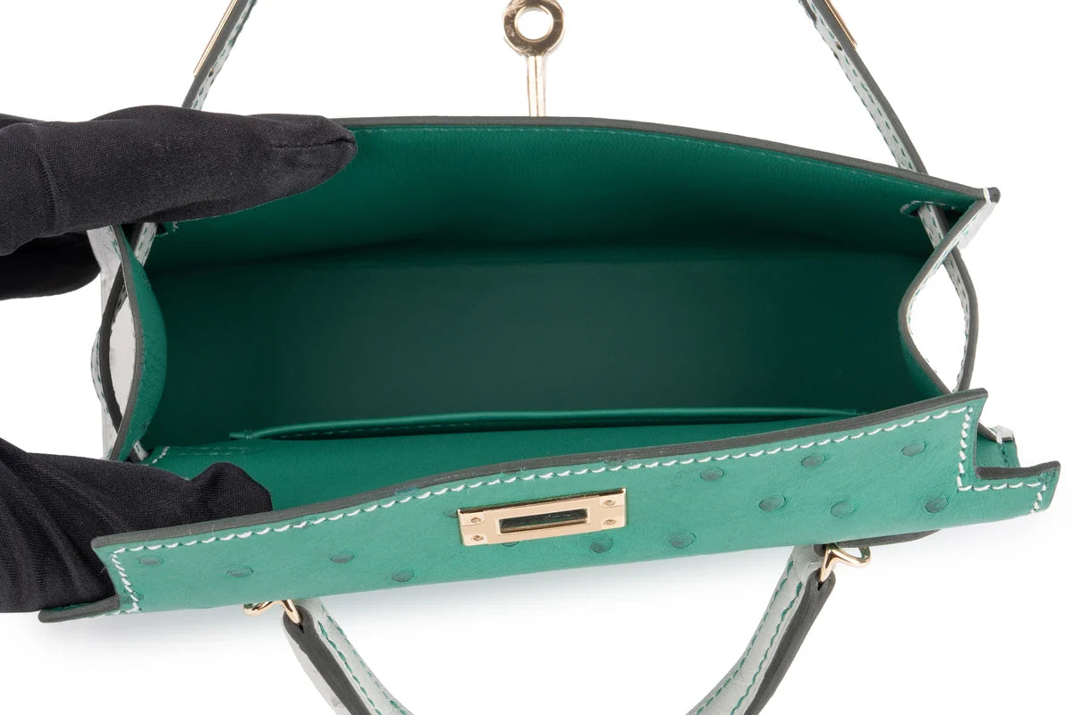 Hermès Mini Kelly Ostrich Vert Vertigo / Gris Perle PBHW