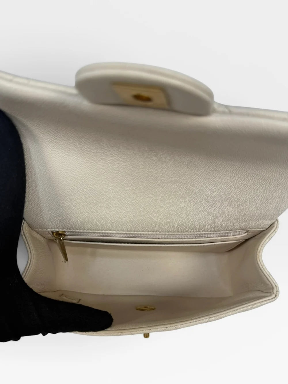 CHANEL MINI RECTANGLE TOP HANDLE IN CREAM CAVIAR LEATHER WITH AGED GOLD HARDWARE