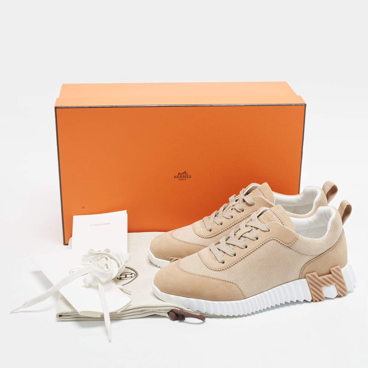 Hermes Bouncing Size 39 Beige Suede and Corduroy Low Top Sneakers