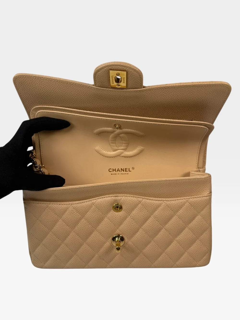 CHANEL MEDIUM CLASSIC FLAP IN BEIGE CAVIAR LEATHER WITH GOLD HARDWARE