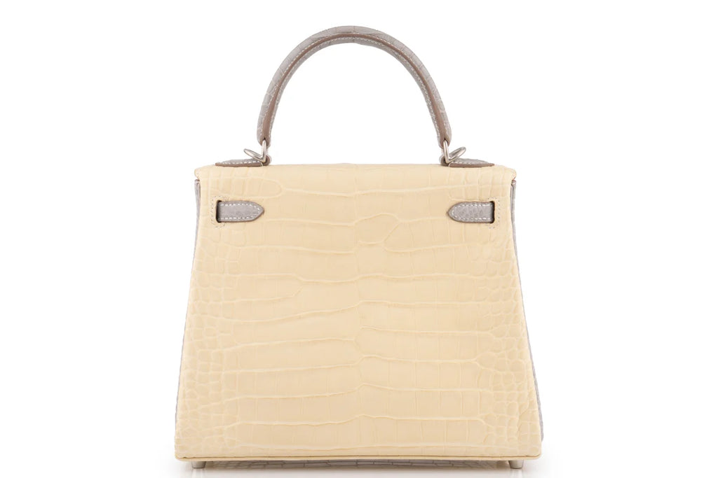 Hermès Kelly 25 Retourne Matt Alligator Missi Vanille / Gris BPHW