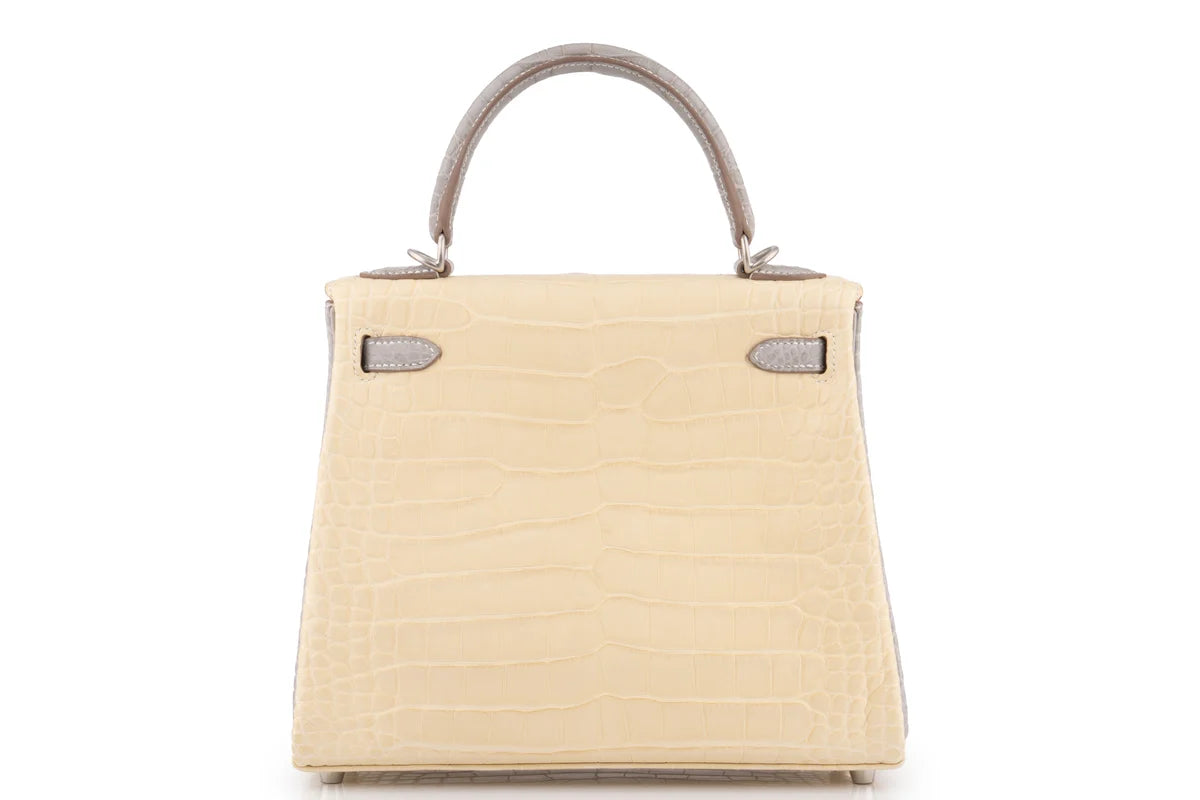 Hermès Kelly 25 Retourne Matt Alligator Missi Vanille / Gris BPHW