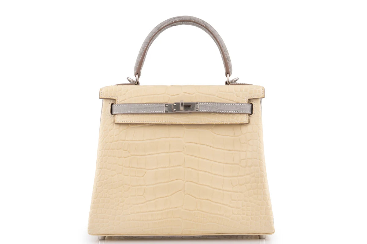 Hermès Kelly 25 Retourne Matt Alligator Missi Vanille / Gris BPHW