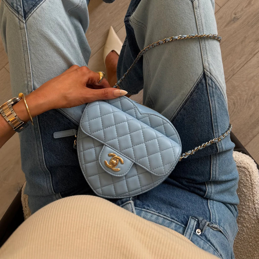 CHANEL HEART BAG LARGE IN BLUE LAMBSKIN LEATHER WITH PALE GOLD HARDWARE