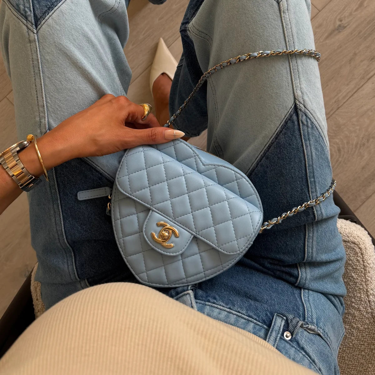 CHANEL HEART BAG LARGE IN BLUE LAMBSKIN LEATHER WITH PALE GOLD HARDWARE
