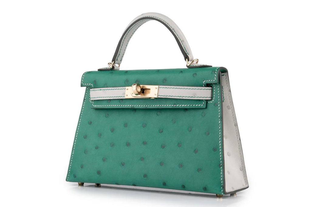 Hermès Mini Kelly Ostrich Vert Vertigo / Gris Perle PBHW