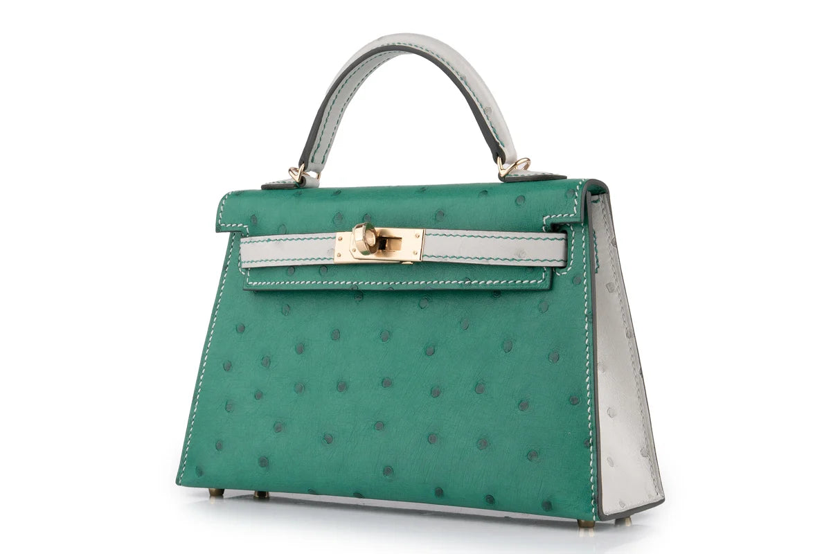 Hermès Mini Kelly Ostrich Vert Vertigo / Gris Perle PBHW