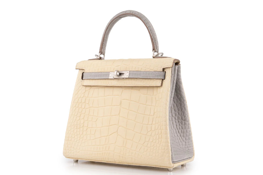 Hermès Kelly 25 Retourne Matt Alligator Missi Vanille / Gris BPHW