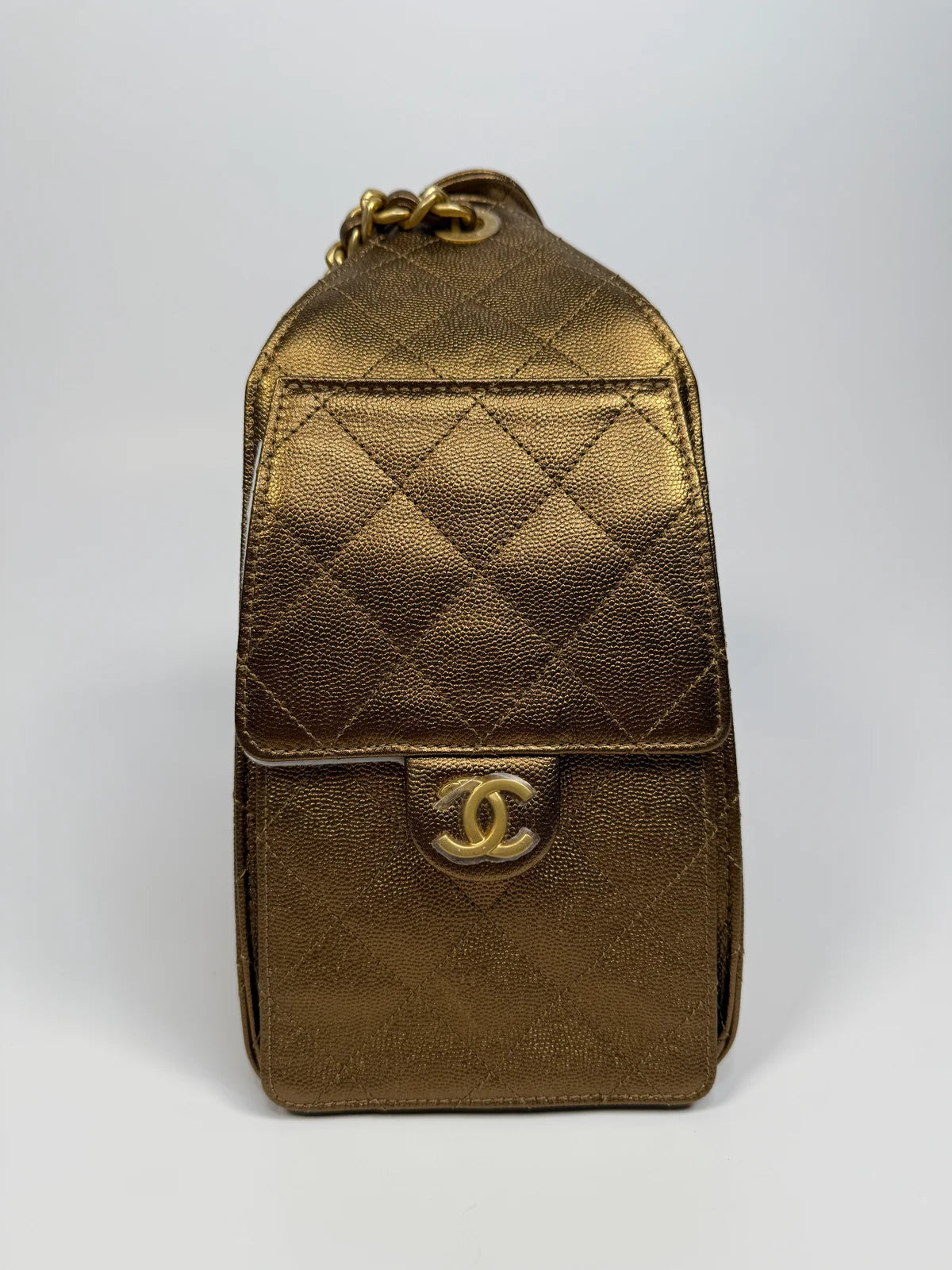CHANEL 25 SMALL IN METALLIC BRONZE CAVIAR LEATHER WITH GHW
