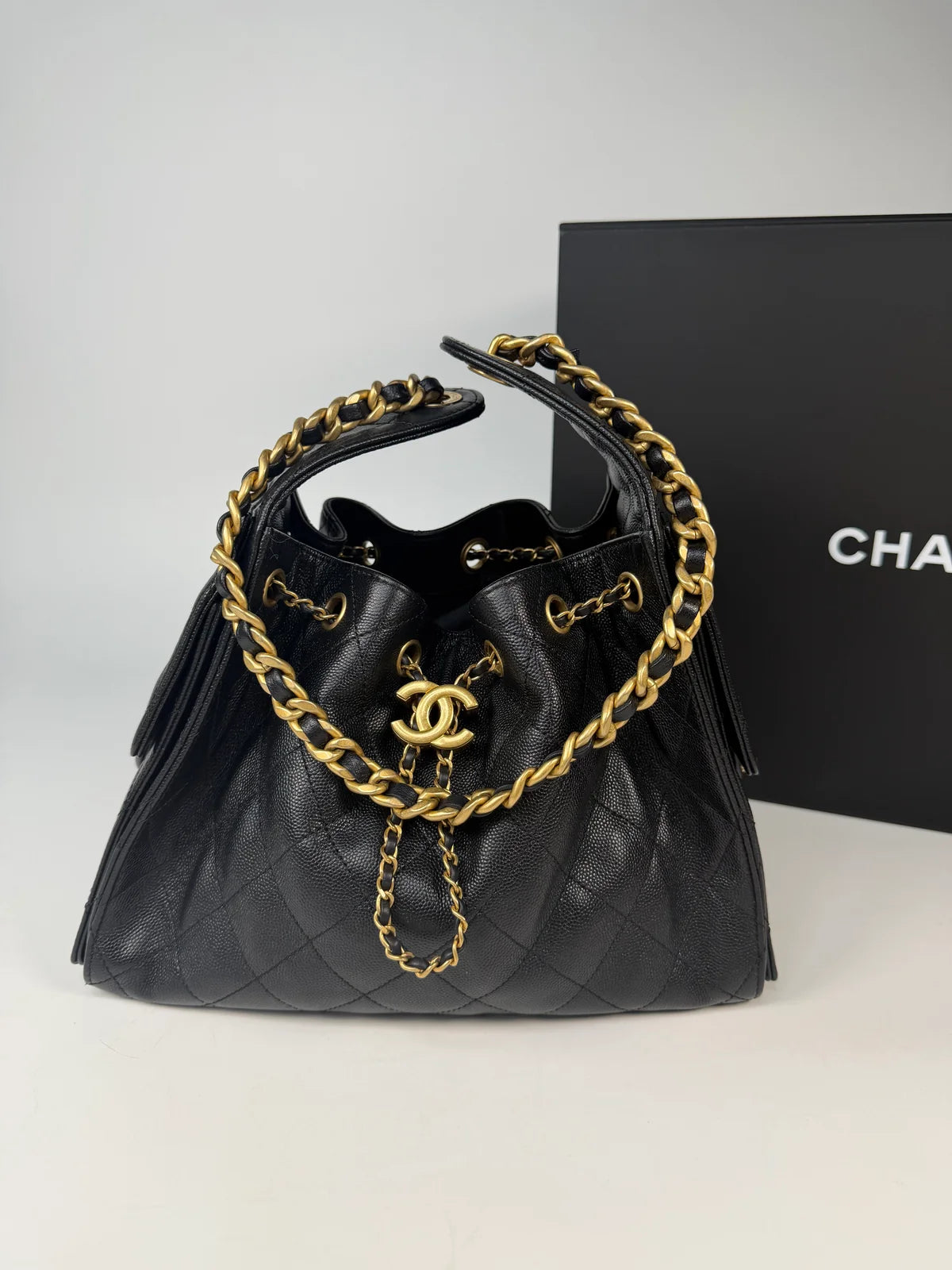 CHANEL 25 SMALL IN BLACK CAVIAR LEATHER WITH GOLD HARDWARE