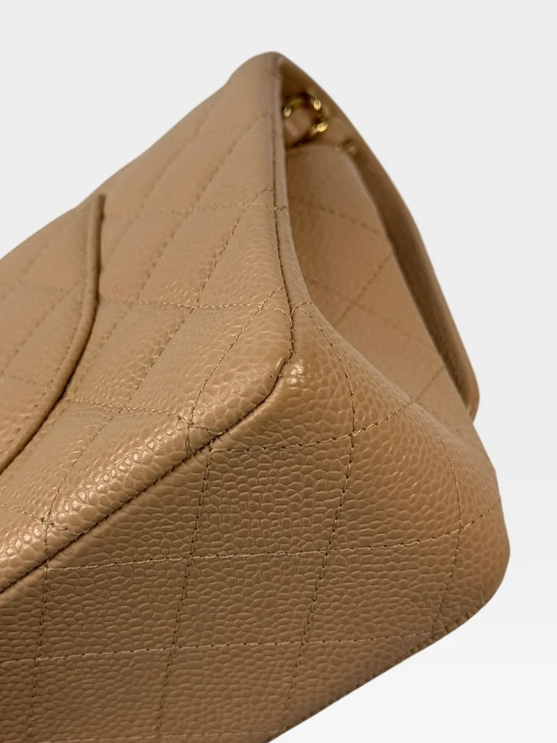 CHANEL MEDIUM CLASSIC FLAP IN BEIGE CAVIAR LEATHER WITH GOLD HARDWARE