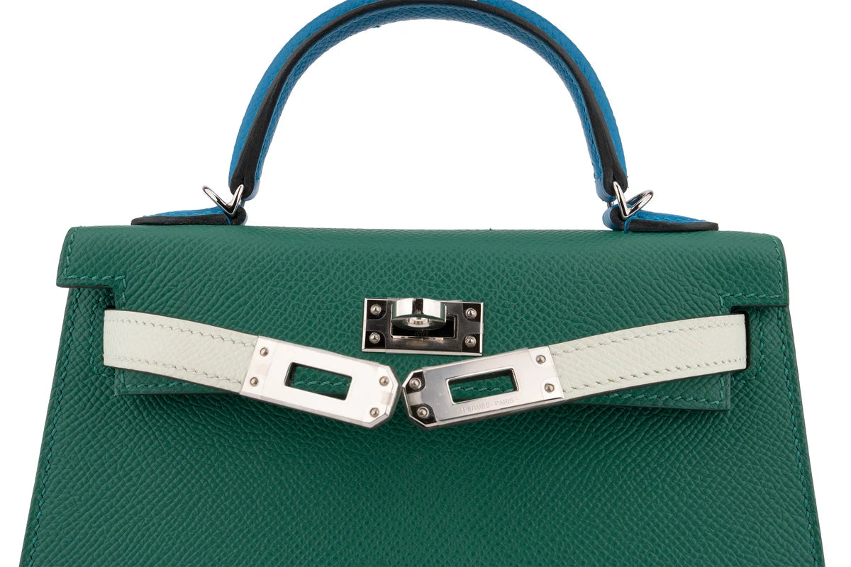 Hermès Mini Kelly Epsom Tri Colour Vert Vertigo / Vert Fizz / Bleu Frida PHW