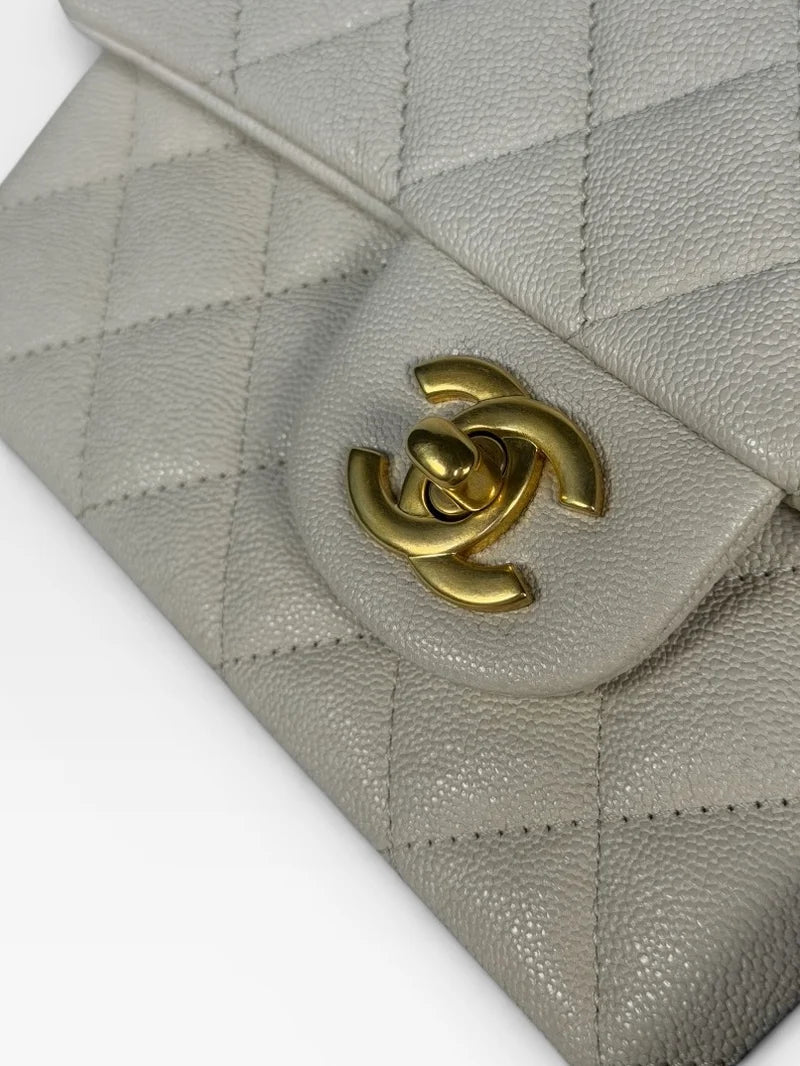 CHANEL MINI RECTANGLE TOP HANDLE IN CREAM CAVIAR LEATHER WITH AGED GOLD HARDWARE